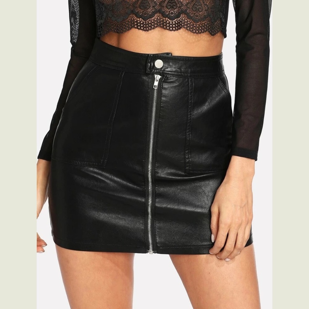 PU Leather Zip Up Bodycon Skirt